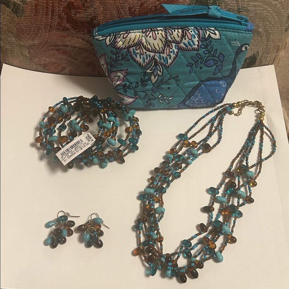 Vera Bradley Make Up Bag with Turquoise & Brown Layered Jewelry Set - Like New!